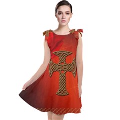 Wonderful Celtic Cross On Vintage Background Tie Up Tunic Dress by FantasyWorld7