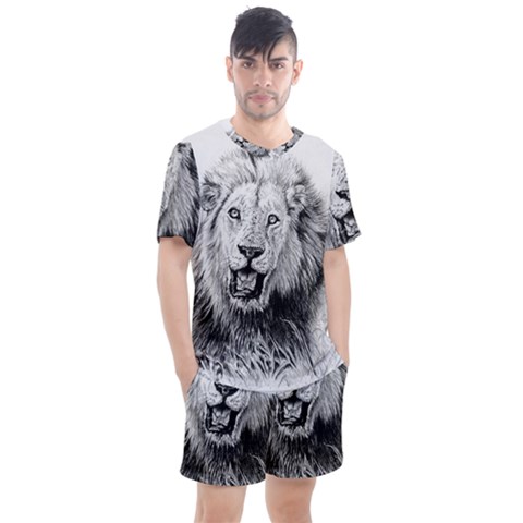 Lion Wildlife Art And Illustration Pencil Men s Mesh Tee And Shorts Set by Sudhe