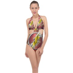 Flashy Logo Halter Front Plunge Swimsuit by Sudhe