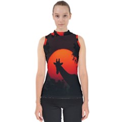 Giraffe Animal Africa Sunset Mock Neck Shell Top by Sudhe