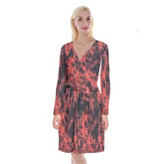 Orange Etched Background Long Sleeve Velvet Front Wrap Dress by Sudhe