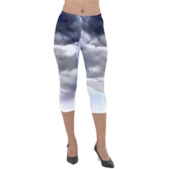 Thunder And Lightning Weather Clouds Painted Cartoon Lightweight Velour Capri Leggings  by Sudhe