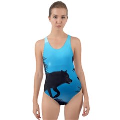 Awesome Black Wolf With Crow And Spider Cut-out Back One Piece Swimsuit by FantasyWorld7