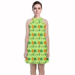 Holiday Tropical Smiley Face Palm Velvet Halter Neckline Dress  by Pakrebo