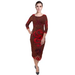 Awesome Chinese Dragon, Red Colors Quarter Sleeve Midi Velour Bodycon Dress by FantasyWorld7