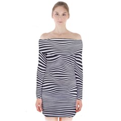 Retro Psychedelic Waves Pattern 80s Black And White Long Sleeve Off Shoulder Dress by genx