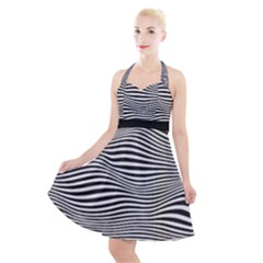 Retro Psychedelic Waves Pattern 80s Black And White Halter Party Swing Dress  by genx