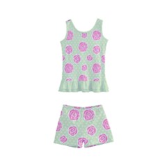 Roses Flowers Pink And Pastel Lime Green Pattern With Retro Dots Kids  Boyleg Swimsuit by genx