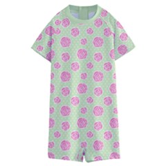 Roses Flowers Pink And Pastel Lime Green Pattern With Retro Dots Kids  Boyleg Half Suit Swimwear by genx