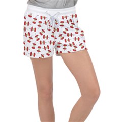 Red Apple Core Funny Retro Pattern Half On White Background Women s Velour Lounge Shorts by genx