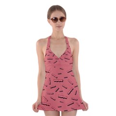 Funny Bacon Slices Pattern Infidel Vintage Red Meat Background  Halter Dress Swimsuit  by genx