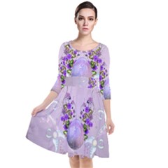 Happy Easter, Easter Egg With Flowers In Soft Violet Colors Quarter Sleeve Waist Band Dress by FantasyWorld7