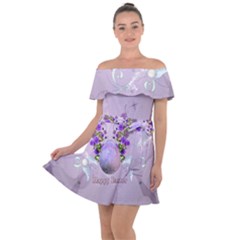 Happy Easter, Easter Egg With Flowers In Soft Violet Colors Off Shoulder Velour Dress by FantasyWorld7