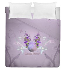 Happy Easter, Easter Egg With Flowers In Soft Violet Colors Duvet Cover Double Side (queen Size) by FantasyWorld7