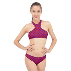 Blue Stars Pattern On Red High Neck Bikini Set by BrightVibesDesign