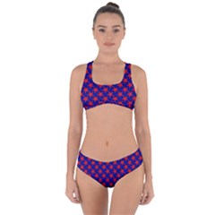 Red Stars Pattern On Blue Criss Cross Bikini Set by BrightVibesDesign