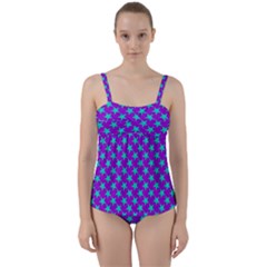 Turquoise Stars Pattern On Purple Twist Front Tankini Set by BrightVibesDesign