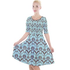 Easter Damask Pattern Robins Egg Blue And Brown Quarter Sleeve A-line Dress by emilyzragz