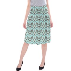 Easter Damask Pattern Robins Egg Blue And Brown Midi Beach Skirt by emilyzragz