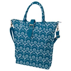 Easter Damask Pattern Deep Teal Blue And White Buckle Top Tote Bag by emilyzragz