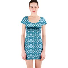 Easter Damask Pattern Deep Teal Blue And White Short Sleeve Bodycon Dress by emilyzragz