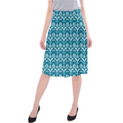 Easter Damask Pattern Deep Teal Blue And White Midi Beach Skirt by emilyzragz