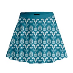 Easter Damask Pattern Deep Teal Blue And White Mini Flare Skirt by emilyzragz