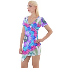 Lotus Flower Bird Metatron s Cube Short Sleeve Asymmetric Mini Dress by Pakrebo