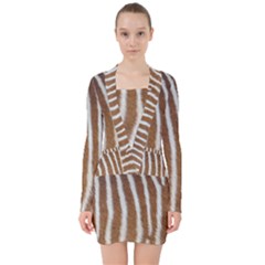 Skin Zebra Striped White Brown V-neck Bodycon Long Sleeve Dress by Pakrebo