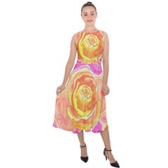 Orange Roses Watercolor Midi Tie-back Chiffon Dress by okhismakingart