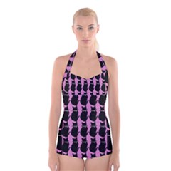 Cat Silouette Pattern Pink Boyleg Halter Swimsuit  by snowwhitegirl