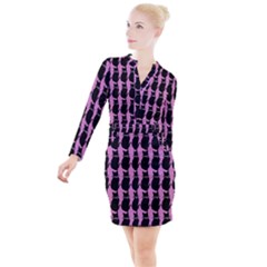 Cat Silouette Pattern Pink Button Long Sleeve Dress by snowwhitegirl