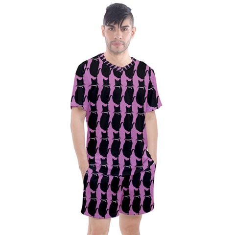 Cat Silouette Pattern Pink Men s Mesh Tee And Shorts Set by snowwhitegirl