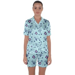 Duck Family Blue Pink Hearts Pattern Satin Short Sleeve Pyjamas Set by snowwhitegirl