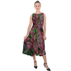 Pink-fringed Leaves Midi Tie-back Chiffon Dress by okhismakingart