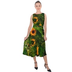 Sunflowers Midi Tie-back Chiffon Dress by okhismakingart