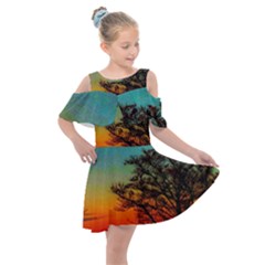 Turquoise Sunset Kids  Shoulder Cutout Chiffon Dress by okhismakingart