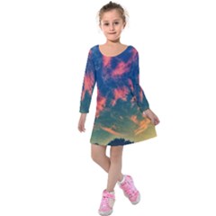 Brushstroke Skies Kids  Long Sleeve Velvet Dress by okhismakingart