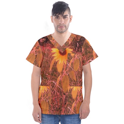 Red Tinted Sunflower Men s V-neck Scrub Top by okhismakingart