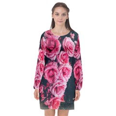 Pink Roses Ii Long Sleeve Chiffon Shift Dress  by okhismakingart