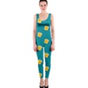 Toast With Cheese Pattern Turquoise Green Background Retro funny food One Piece Catsuit View1