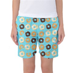 Donuts Pattern With Bites Bright Pastel Blue And Brown Women s Basketball Shorts by genx