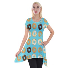 Donuts Pattern With Bites Bright Pastel Blue And Brown Short Sleeve Side Drop Tunic by genx