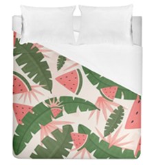 Tropical Watermelon Leaves Pink And Green Jungle Leaves Retro Hawaiian Style Duvet Cover (queen Size) by genx