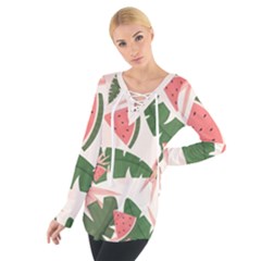 Tropical Watermelon Leaves Pink And Green Jungle Leaves Retro Hawaiian Style Tie Up Tee by genx