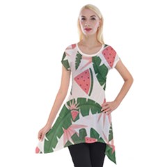 Tropical Watermelon Leaves Pink And Green Jungle Leaves Retro Hawaiian Style Short Sleeve Side Drop Tunic by genx