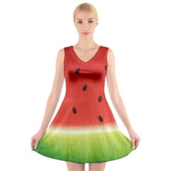 Juicy Paint Texture Watermelon Red And Green Watercolor V-neck Sleeveless Dress by genx