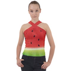 Juicy Paint Texture Watermelon Red And Green Watercolor Cross Neck Velour Top by genx