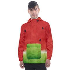 Juicy Paint Texture Watermelon Red And Green Watercolor Men s Front Pocket Pullover Windbreaker by genx