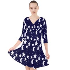 Starry Night Cartoon Print Pattern Quarter Sleeve Front Wrap Dress by dflcprintsclothing